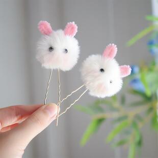古风毛绒小兔子发钗秋冬毛茸茸配饰儿童可爱汉服头饰国庆百搭发饰
