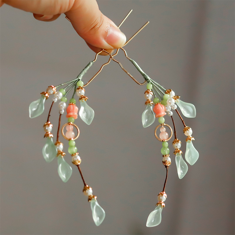 汉服掩鬓U形发钗古风点缀发饰清新绿色藤枝发簪子唐风百搭配饰品