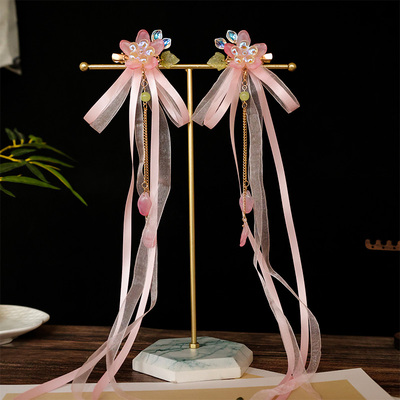 粉色飘带发饰古风对夹超仙花朵蝴蝶结流苏头饰可爱儿童汉服配饰品