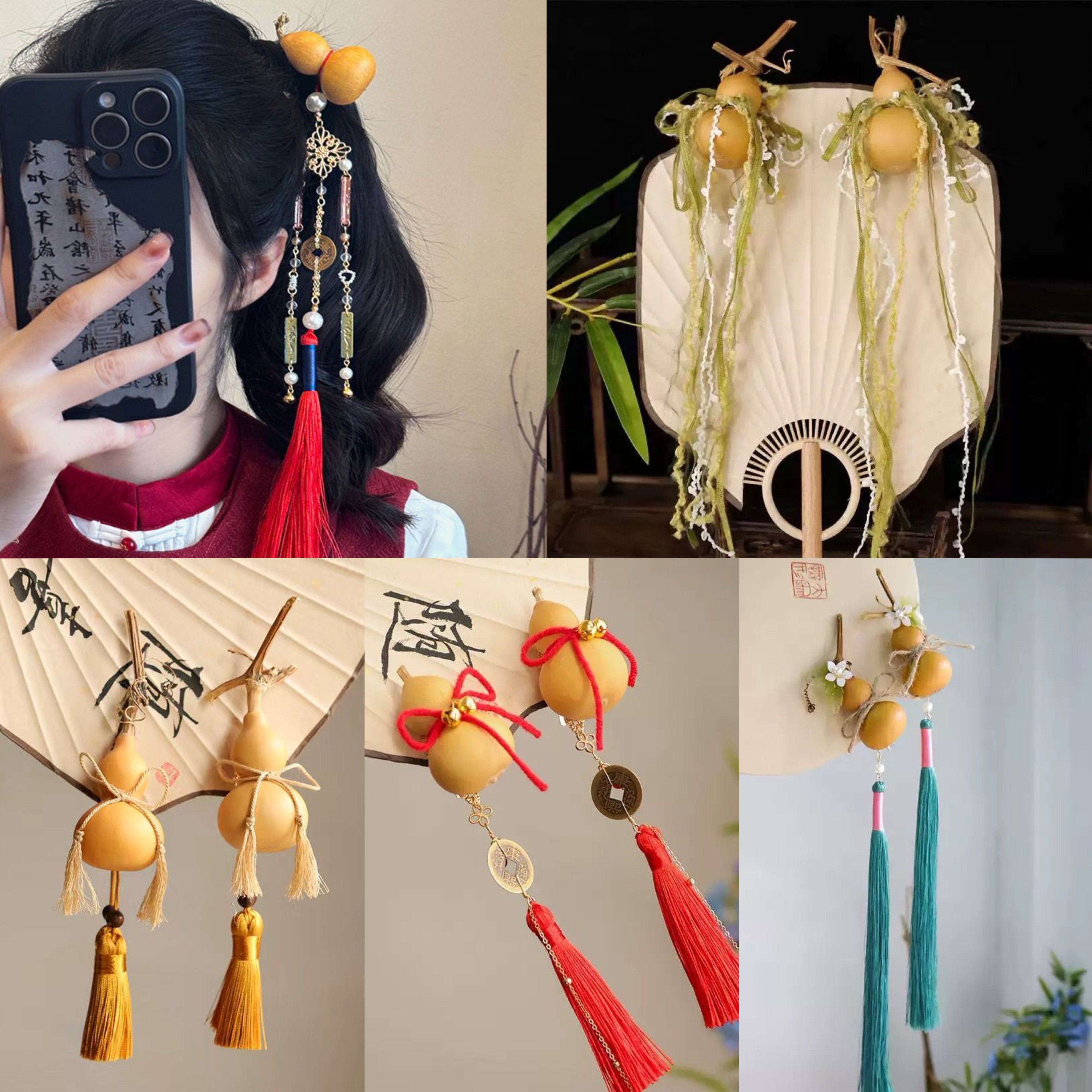 国风天然小葫芦发夹古风头饰福禄铜钱流苏发饰汉服对夹新年配饰品