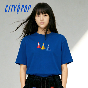 CITYandPOP® T恤街头滑板雪糕筒交通锥圆领宽松休闲简约印花 短袖
