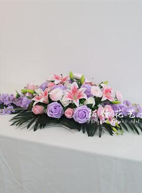 热销会议室会议桌长桌花假花餐厅宴会长餐桌桌面T摆花装饰花签到