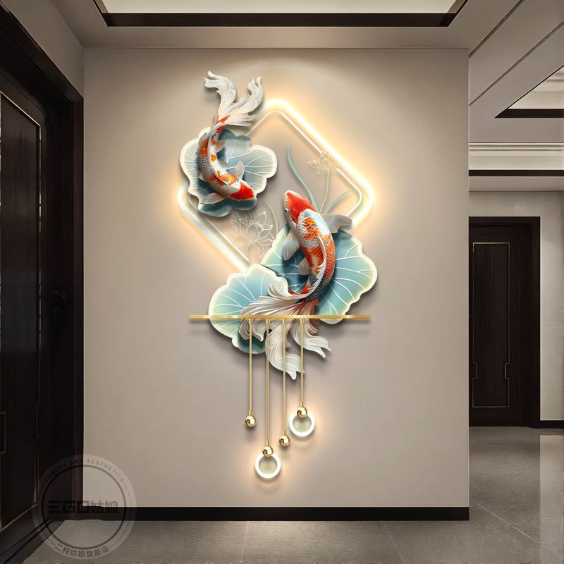 锦鲤荷花正对门入户玄关装饰画过道楼梯灯画新中式好寓意招财挂画图片