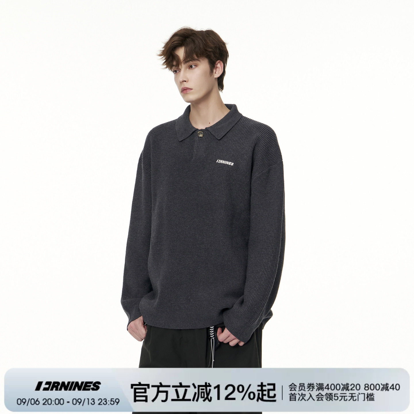 FORNINES秋冬刺绣重磅翻领针织衫男女国潮休闲情侣装POLO领毛线衣