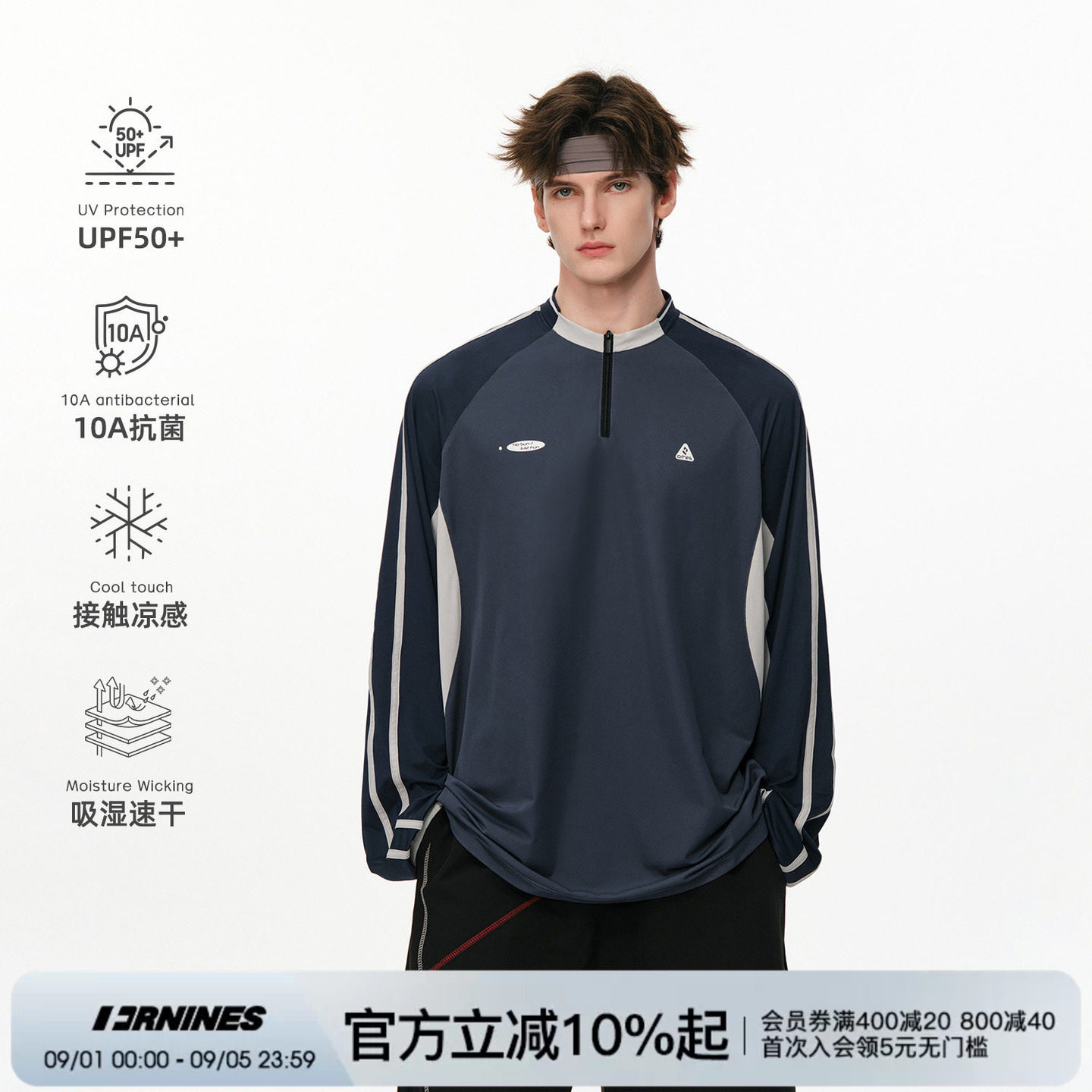 FORNINES夏季速干半拉链长袖防晒T恤男女情侣装户外防晒抗菌上衣图片