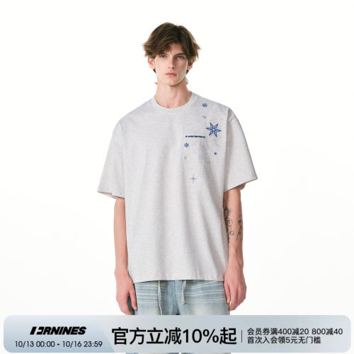 FORNINES重磅纯棉雪花刺绣短袖T恤男女国潮情侣装休闲半截袖体恤