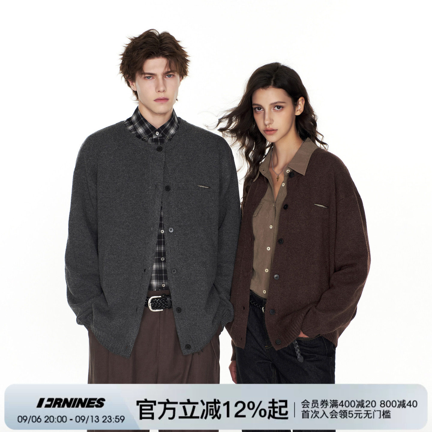 FORNINES复古纯色羊毛混纺针织开衫男女情侣慵懒休闲春秋毛衣外套