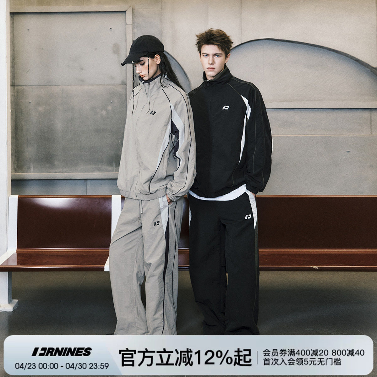 FORNINES美式复古拼接运动休闲外套男款春季情侣立领黑色夹克套装