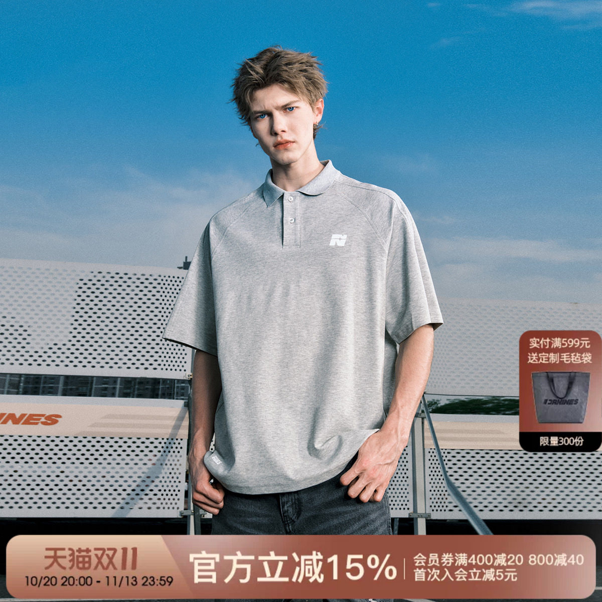 FORNINES夏季刺绣短袖t恤男女国潮情侣装宽松POLO衫灰色半袖上衣