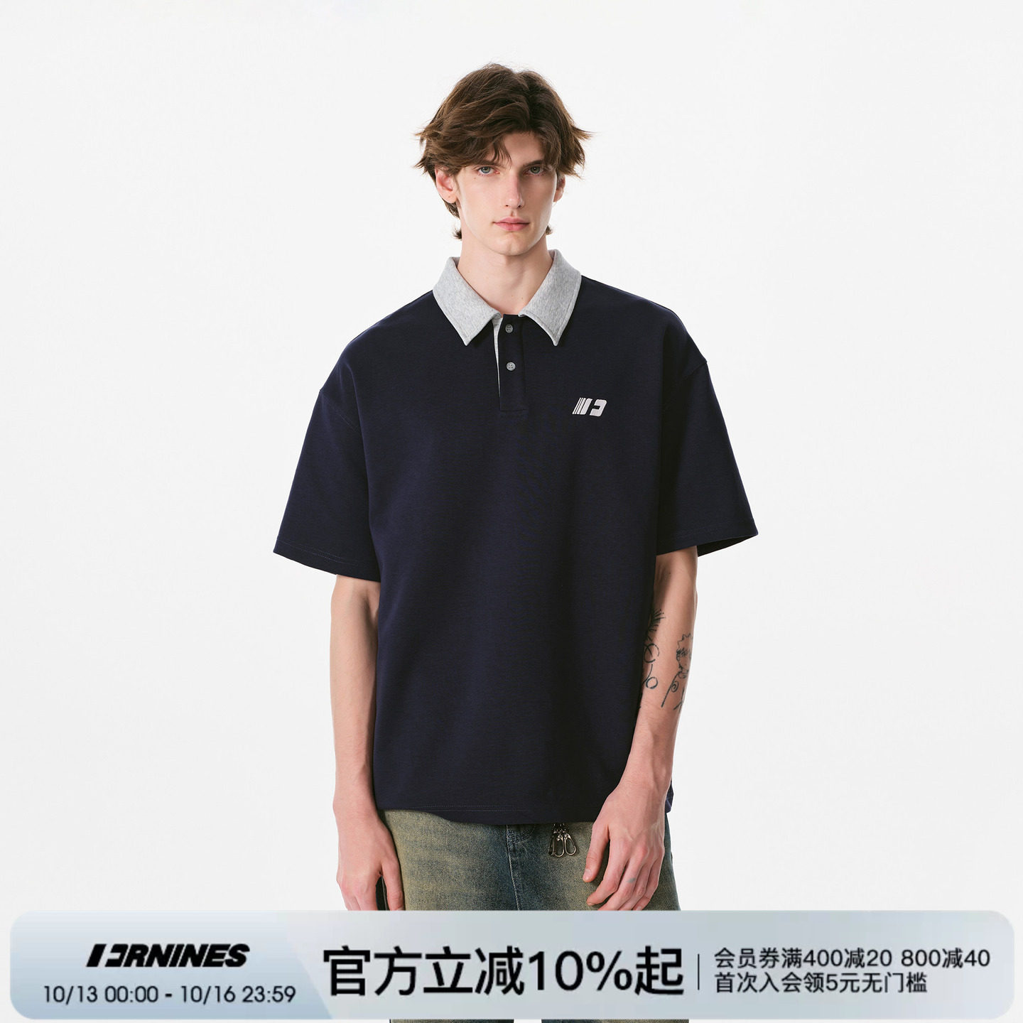 FORNINES撞色刺绣短袖t恤男女夏季宽松藏青情侣装翻领POLO衫上衣