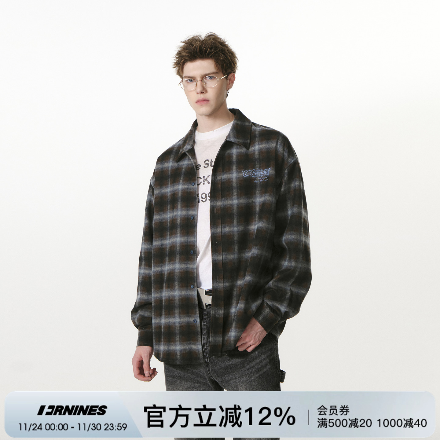 FORNINES春秋刺绣上衣情侣格子衬衣国潮2025复古磨毛长袖衬衫男女