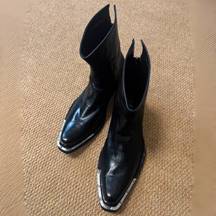 暗黑复古金属巫师靴男女尖头骑士靴朋克切尔西短靴方跟增高机车靴