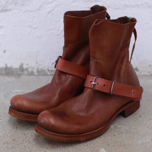 复古日系MA棕红手工马丁靴厚底松糕机车靴男士机能风翘头切尔西靴