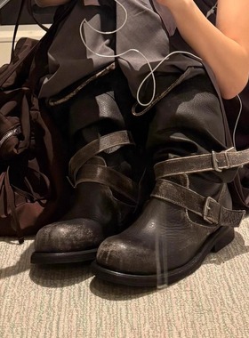 张元英nt3复古褶皱厚底中筒堆堆靴擦色做旧暗黑裤管西部靴骑士靴
