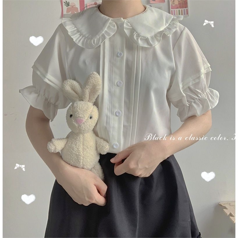 日系少女可爱软妹木耳边Lolita基础短袖内搭jk衬衫娃娃领元宝学生