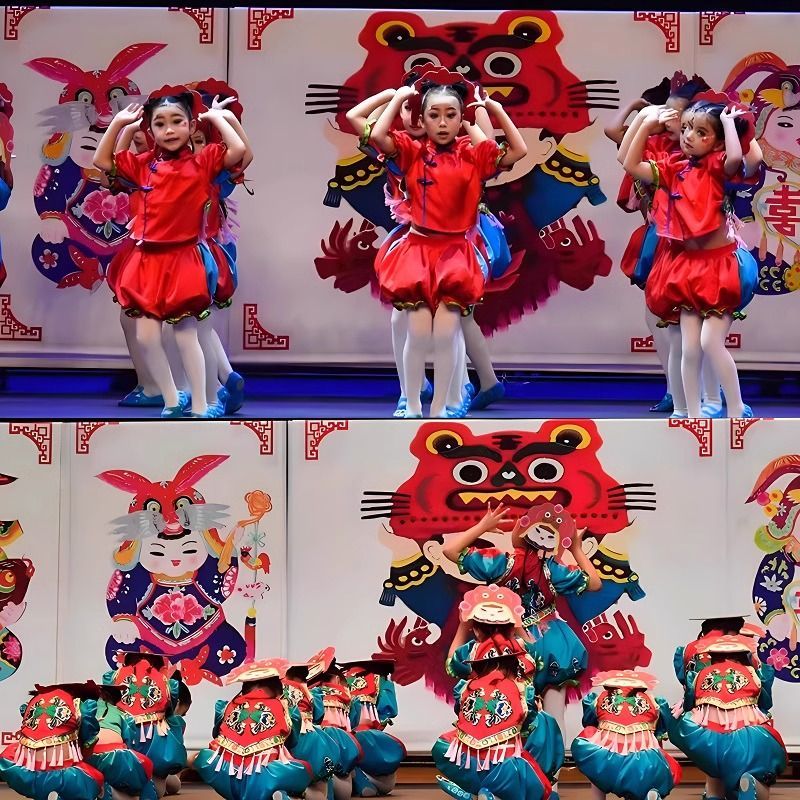 元旦儿童喜庆演出服幼儿园女童中国小福娃舞蹈秧歌舞民族风灯笼裤