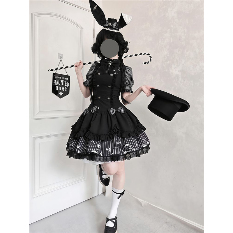 魔术暗兔哥特风Lolita暗黑系JSK蝴蝶结连衣裙条纹衬衫两件套