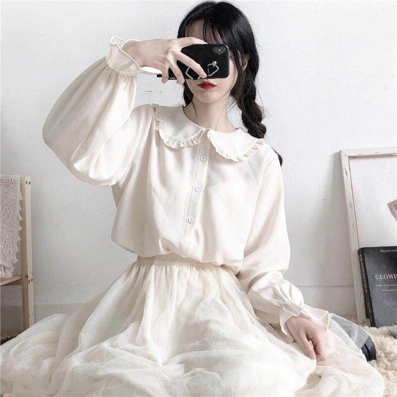 日系软妹花边Lolita内搭娃娃领jk衬衫女学生韩版宽松长袖打底上衣