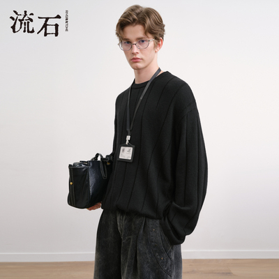 流石男装时尚条纹圆领毛衣2026年春季新款男士休闲提花长袖针织衫