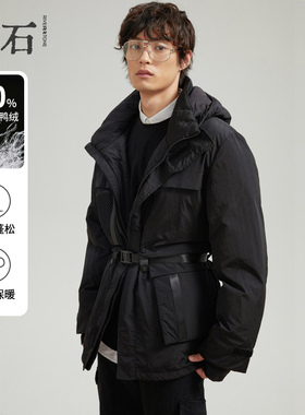 流石男装冬装中长款羽绒服男士新款冬季黑色连帽工装加厚面包外套