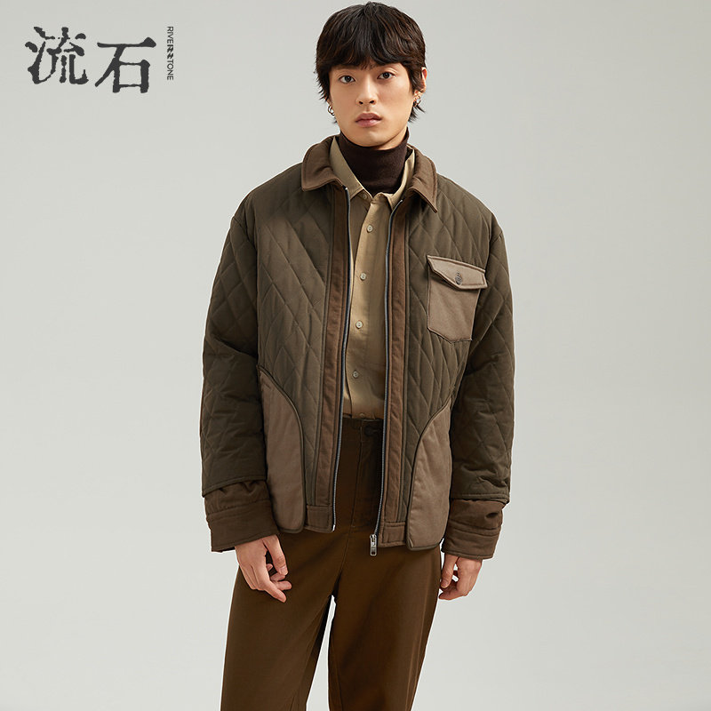 流石男装多口袋撞色拼接棉外套2026春季新款男款复古翻领工装棉衣