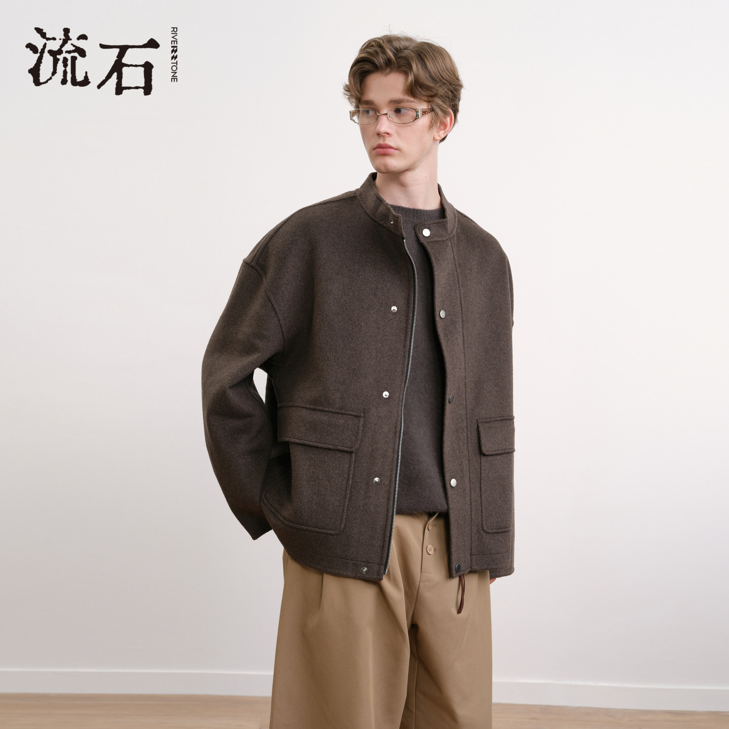 流石男装经典立领羊毛呢外套2026年春季新款男款宽松保暖时尚夹克