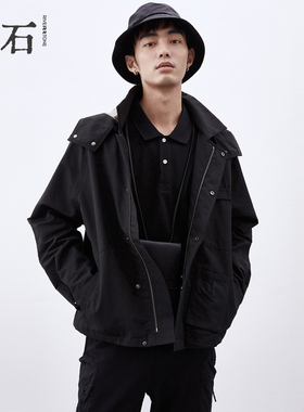 流石男装连帽短款夹克2026新款春季休闲黑色外套新款宽松时尚男款