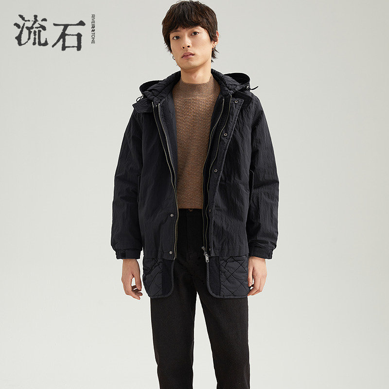流石男装冬装黑色假两件棉衣男士2026年春季新款连帽休暖复古外套