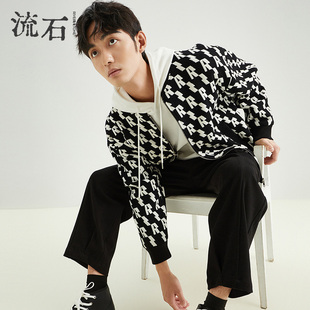 流石男装针织开衫外套男士2026年冬季新款时尚个性棒球服短款夹克