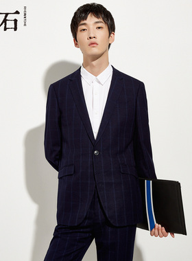 流石男装修身蓝色条纹西服外套2026春季新款男士时尚休闲西装上衣