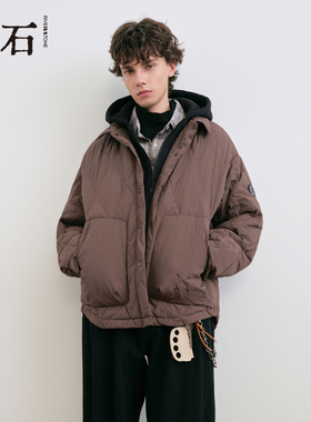 流石男装假两件连帽羽绒服2025年冬季男生宽松工装风情侣装外套潮