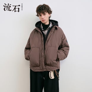 流石男装假两件连帽羽绒服2025年冬季男生宽松工装风情侣装外套潮