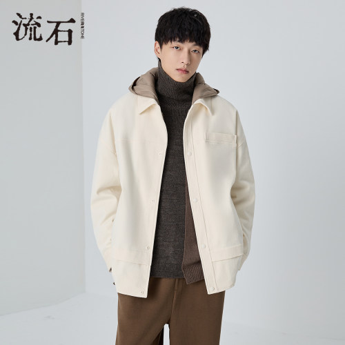 流石男装雪尼尔假两件短款羽绒服2026年春季新款男士撞色连帽外套