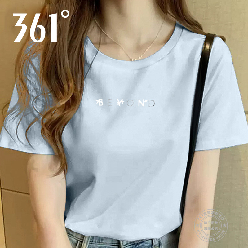 361度短袖t恤女2026年夏季新款圆领针织半袖宽松体恤蓝色透气上衣