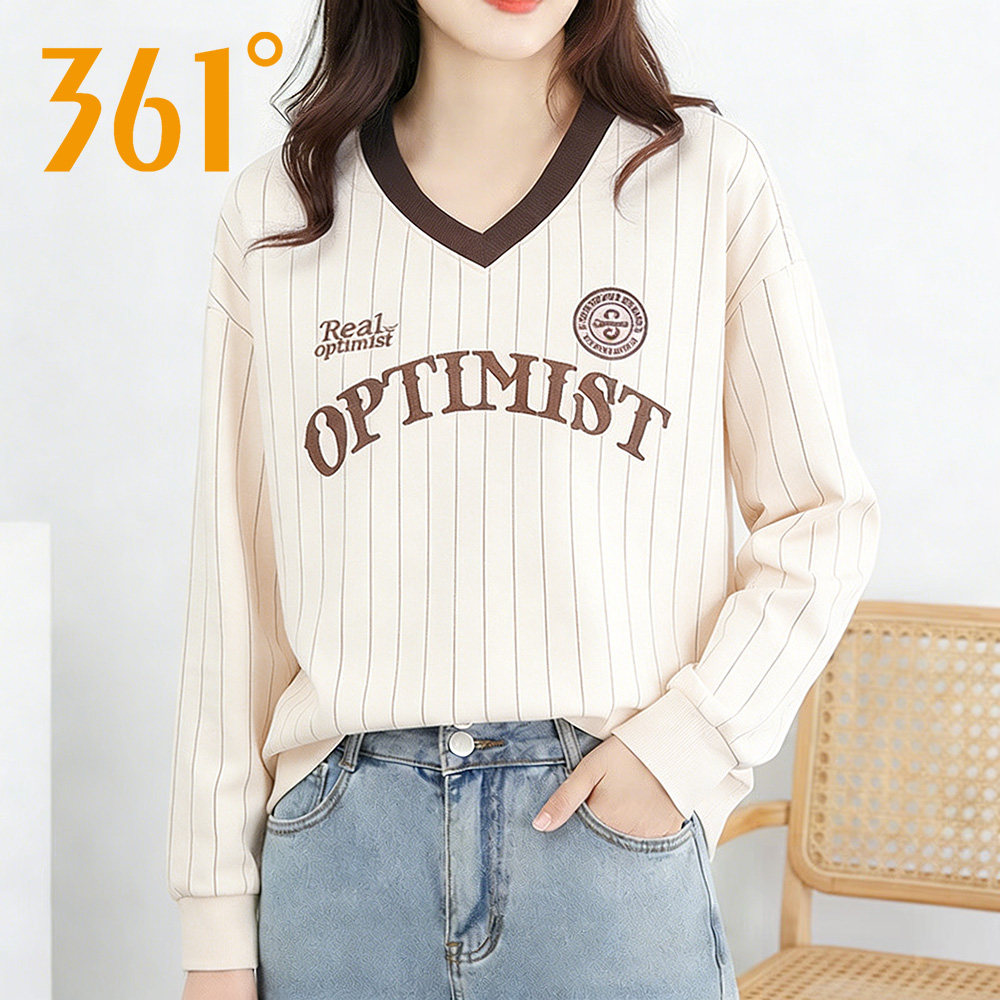 361度套头毛衣女2026秋季新款V领条纹长袖套头衫女装休闲运动上衣