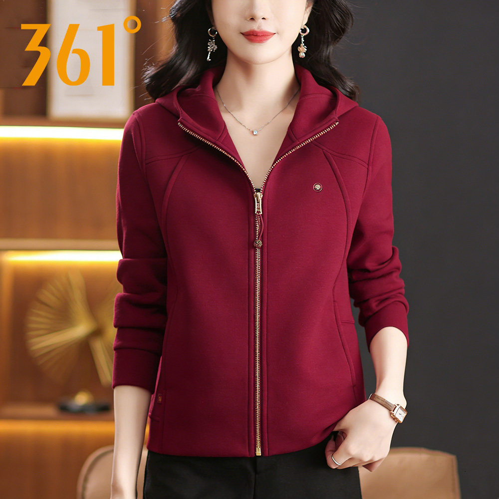 361度红色运动卫衣女2026春季新款针织连帽开衫外套休闲跑步服女