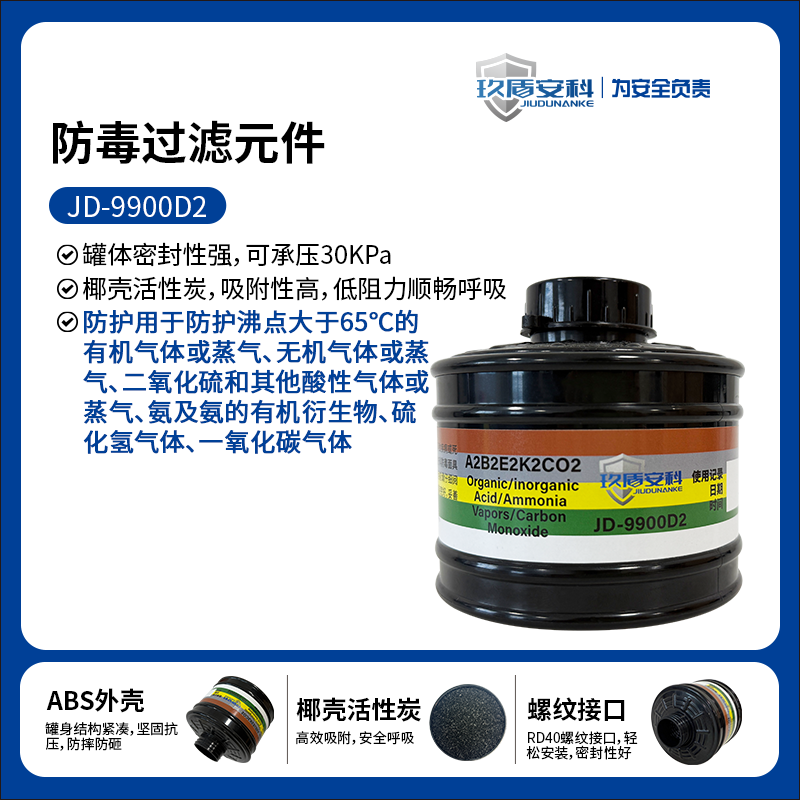 玖盾安科JD-9900D2活性炭滤毒罐有机无机酸性氨气一氧化碳螺纹