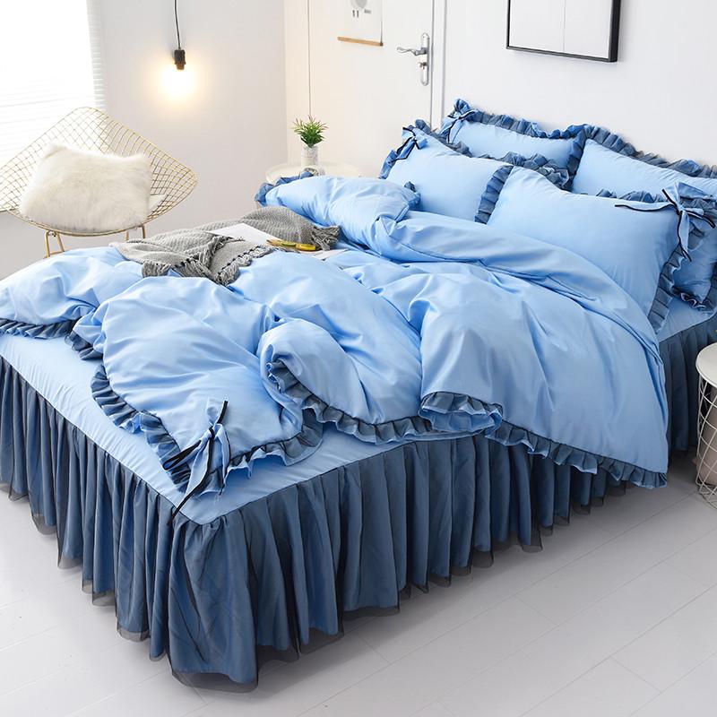 s228ins少女冰丝被套单件床单四件套床上用品韩式公主蕾丝三花边