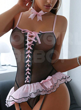 性感蕾丝文胸套装女聚拢珍珠装饰蝴蝶结纯欲纯欲半透女仆内衣套装