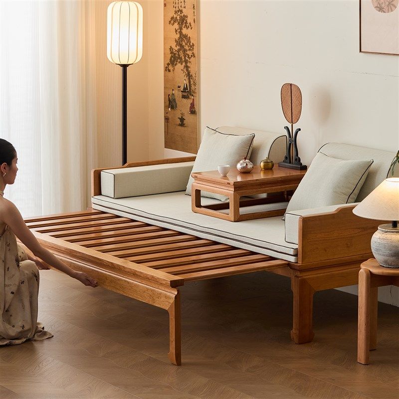 精选新中式罗汉床全实木推拉可伸缩小户型客厅沙发床两用樱桃木贵,住宅家具,罗汉床,淘宝优惠券,粉丝福利购,淘宝优惠卷