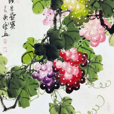 实物图黄艺纯手工国画宣纸画心葡萄三尺斗方玄关装饰挂画硕果累累