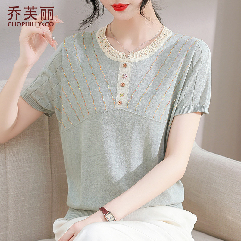 妈妈夏装冰丝短袖t恤洋气时尚套装2024新款中老年女夏季气质上衣