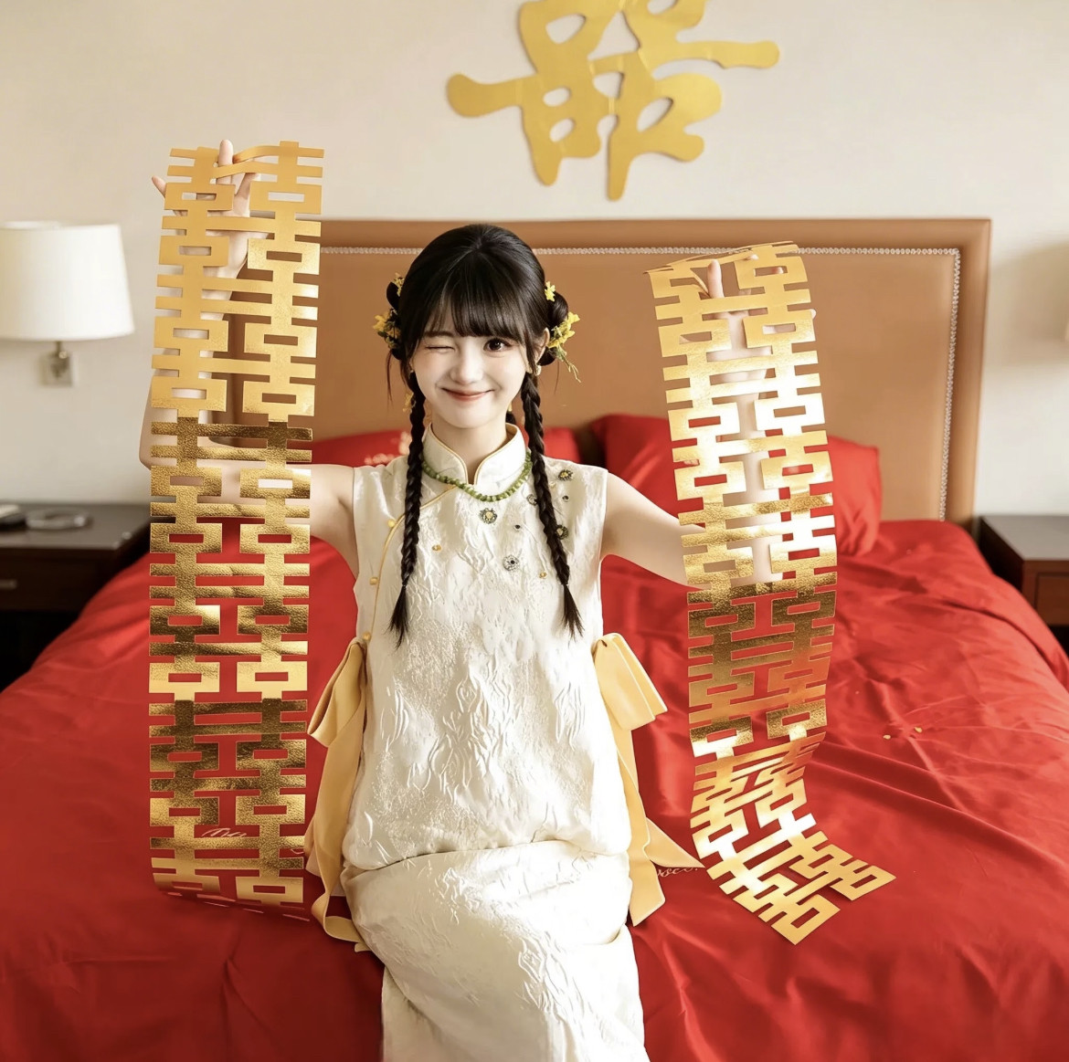 金色长条喜字婚房布置新娘晨袍订婚拍照道具结婚喜字贴婚礼装饰品