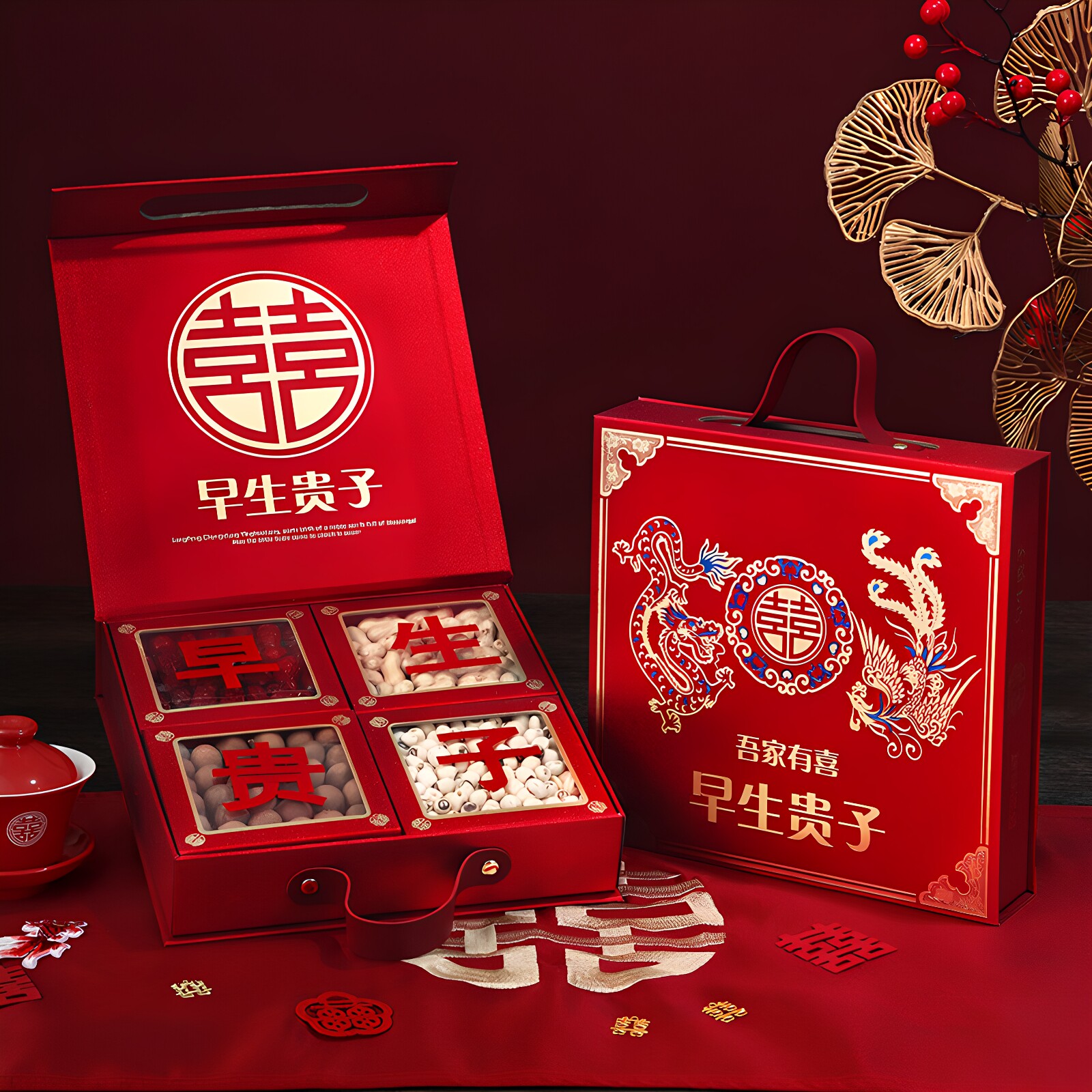 结婚早生贵子床上摆件组合压床干果盒喜字婚礼订婚四宫格礼盒套装