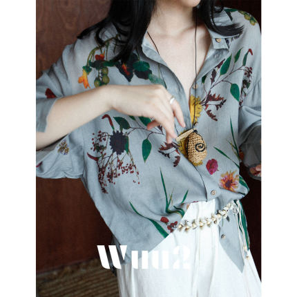 Wuu2 梅纳拉花园 绝美艺术复古植物印花苎麻衬衫女宽松度假上衣夏