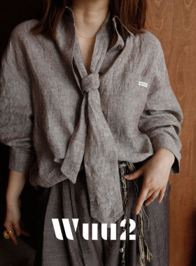 Wuu2 野奢老钱 高级炒色复古亚麻衬衫配领带设计感羊角袖慵懒上衣