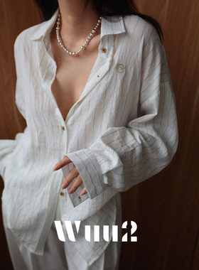 Wuu2 自在如风 松弛感老钱棉麻条纹白衬衫女法式慵懒风宽松休闲