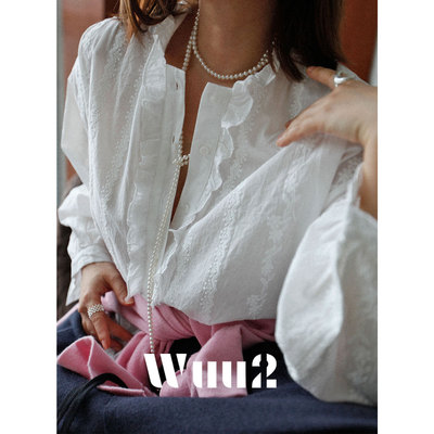 Wuu2法式刺绣镂空荷叶边衬衫女