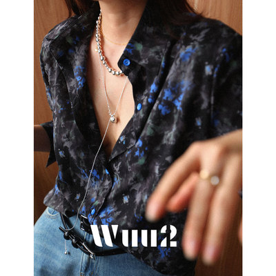 Wuu2露染铃兰复古蓝色碎花衬衫