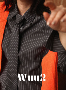 Wuu2 费里尼 高智感雅痞领带条纹衬衫女小众设计感灰色上衣秋季